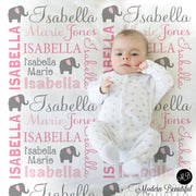 Elephant baby blanket with name, personalized girl elephant blanket, newborn baby gift, pink and gray baby girls blanket, (CHOOSE COLORS)