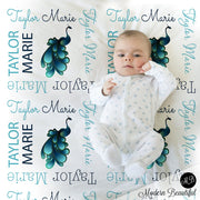 Peacock baby blanket with name, newborn blanket with peacocks, baby girl personalized gift, teal and white nursery (CHOOSE COLORS)
