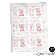 Girl pig baby blanket, farm pigs personalized newborn blanket, piggy baby gift with name, farm animal swaddle, pink and white (CHOOSE COLOR)