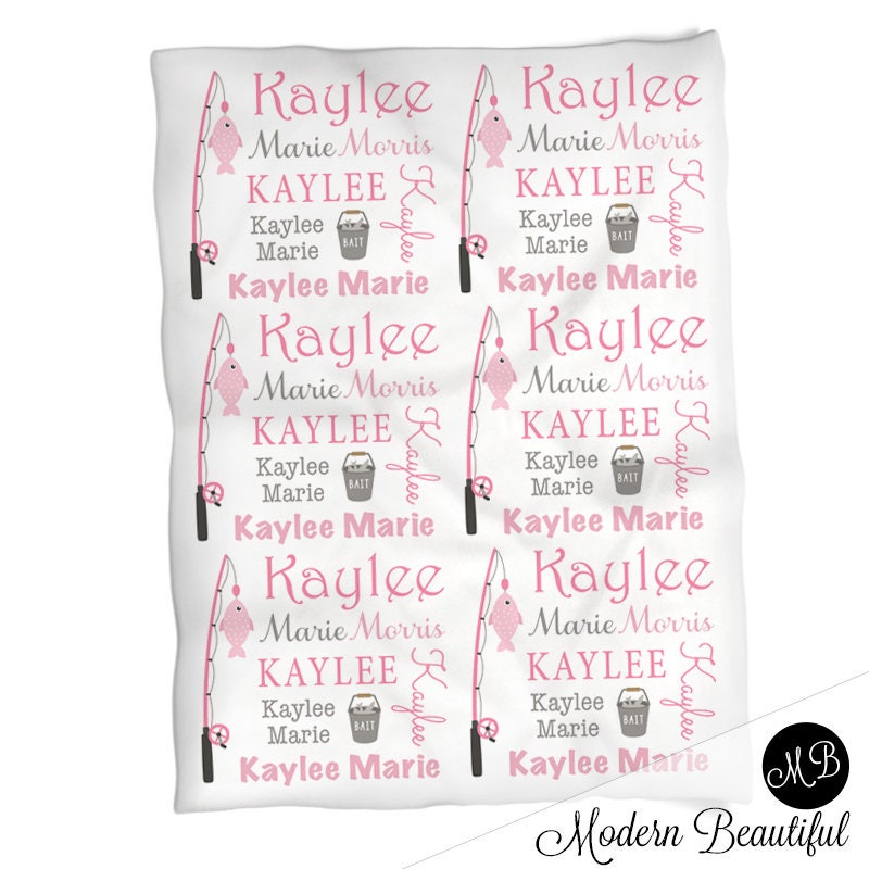 Fishing baby blanket for Baby Girl, personalized baby gift, fishing blanket, fishing pole baby blanket, personalized blanket, choose colors