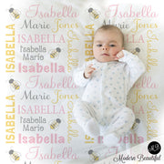 Bumble bee personsonalized baby blanket, newborn bees baby gift, cute bee blanket with baby name, bee baby swaddle blanket (CHOOSE COLORS)