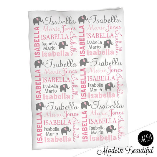 Elephant baby blanket with name, personalized girl elephant blanket, newborn baby gift, pink and gray baby girls blanket, (CHOOSE COLORS)