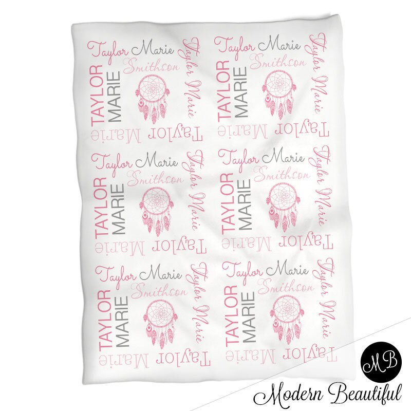 Dream catcher baby blanket, dream catcher girl name blanket, personalized baby gift, personalized blanket, girl baby blanket, choose colors
