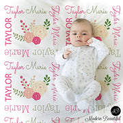 Chic flower baby blanket, baby girl personalized baby gift, floral blanket, baby blanket, personalized blanket, flower gift,choose colors