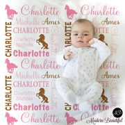Horse personalized baby blanket, newborn wild horses girls name blanket, horse baby swaddle, horse theme baby gift, (CHOOSE COLORS)