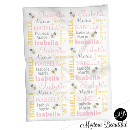Bumble bee personsonalized baby blanket, newborn bees baby gift, cute bee blanket with baby name, bee baby swaddle blanket (CHOOSE COLORS)