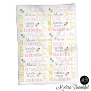 Bumble bee personsonalized baby blanket, newborn bees baby gift, cute bee blanket with baby name, bee baby swaddle blanket (CHOOSE COLORS)