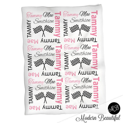 Race Flag blanket, girl blanket, pink, drag racing baby blanket, dragster baby blanket, racing name blanket, racing blanket, any color