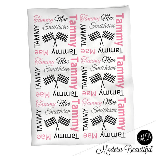 Personalized Race Flags Baby Name Blanket Girl Car Race Pink