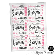 Race Flag blanket, girl blanket, pink, drag racing baby blanket, dragster baby blanket, racing name blanket, racing blanket, any color
