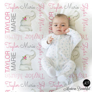 Elephant baby girls name blanket, personalized pink floral elephant blanket, newborn elephant swaddle, elephant baby gift, (CHOOSE COLORS)