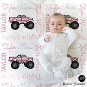 Monster truck baby blanket, truck baby blanket, girl blanket, pink truck blanket, monster truck gift, personalized baby gift, CHOOSE COLOR