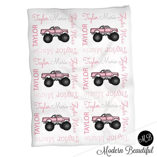 Monster truck baby blanket, truck baby blanket, girl blanket, pink truck blanket, monster truck gift, personalized baby gift, CHOOSE COLOR