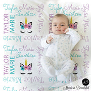 Baby girl unicorn name blanket in purple and teal, personalized newborn unicorn blanket, unicorn lashes baby swaddle, unicorn baby girl gift