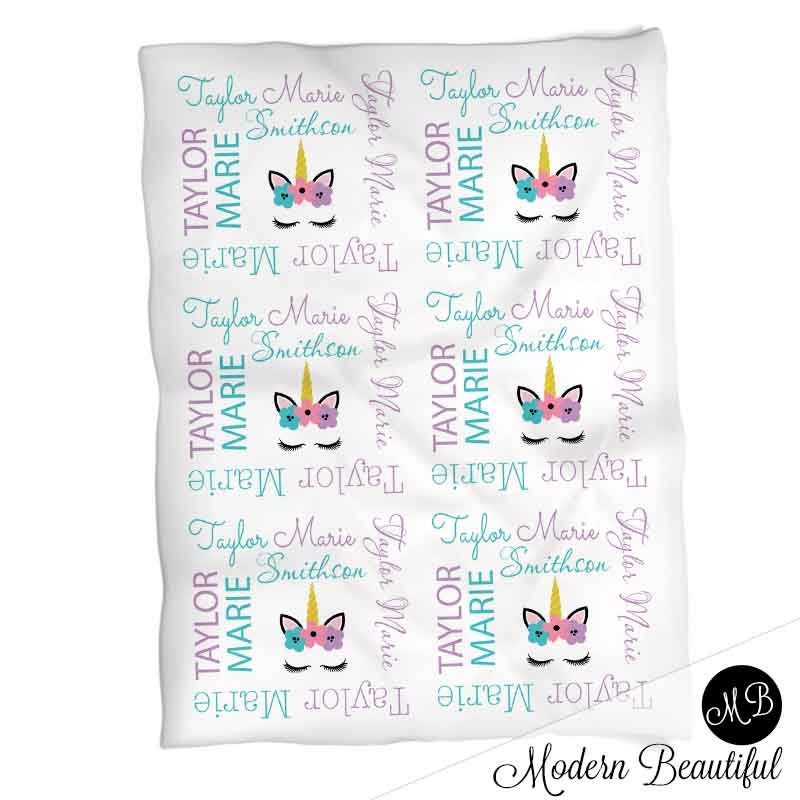 Baby girl unicorn name blanket in purple and teal, personalized newborn unicorn blanket, unicorn lashes baby swaddle, unicorn baby girl gift