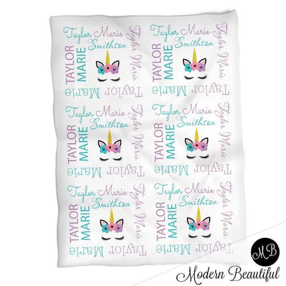 Baby girl unicorn name blanket in purple and teal, personalized newborn unicorn blanket, unicorn lashes baby swaddle, unicorn baby girl gift