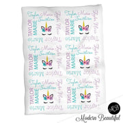 Baby girl unicorn name blanket in purple and teal, personalized newborn unicorn blanket, unicorn lashes baby swaddle, unicorn baby girl gift