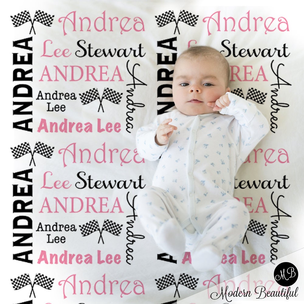 Personalized racing baby blanket, checkered race flags blanket with name, drag racing baby newborn gift, newborn racec swaddle CHOOSE COLOR