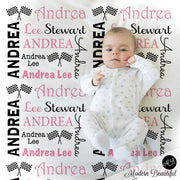 Personalized racing baby blanket, checkered race flags blanket with name, drag racing baby newborn gift, newborn racec swaddle CHOOSE COLOR