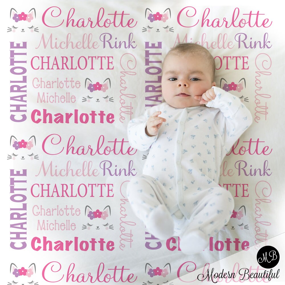 Personalized kitty cat blanket, newborn baby girl kitten lashes name blanket, kitten baby gift, swaddle blanket with cats (CHOOSE COLORS)