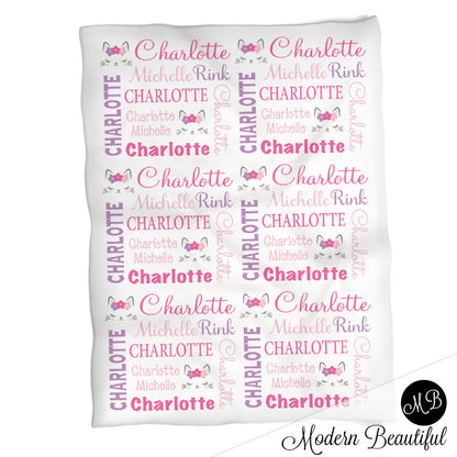 Personalized kitty cat blanket, newborn baby girl kitten lashes name blanket, kitten baby gift, swaddle blanket with cats (CHOOSE COLORS)