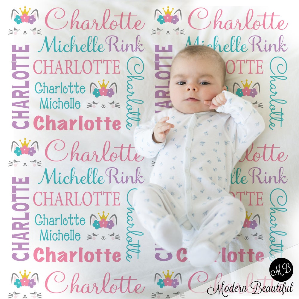 Baby kitty name blanket, personalized kitty cat gift, kitten lashes blanket, kitten baby blanket, personalized blanket, choose color