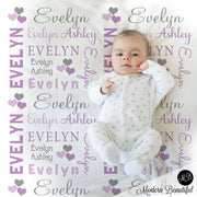 Hearts Name Blanket in purple and gray for Baby Girl, personalized baby gift, blanket, baby blanket, personalized blanket, choose colors