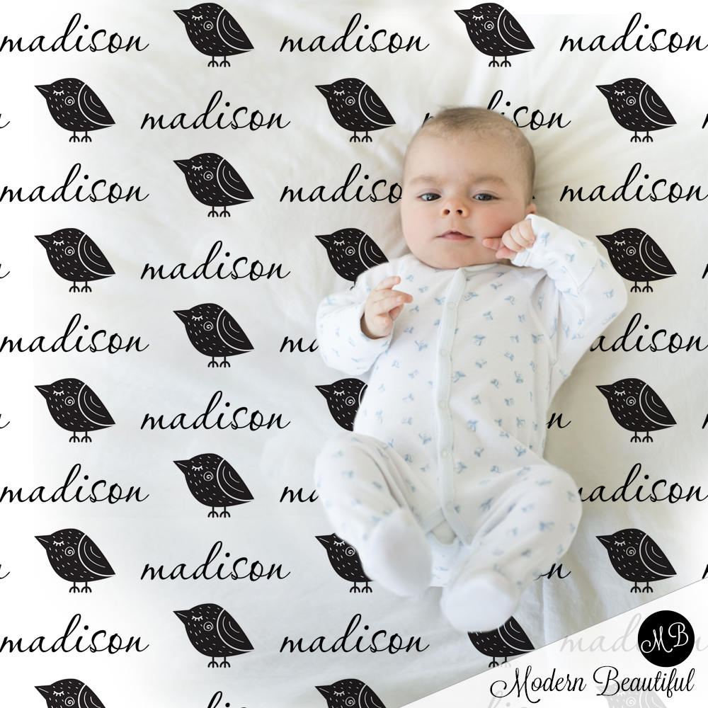 Bird baby blanket- black and white baby blanket- birds personalized baby gift- minimalist baby blanket- personalized blanket name blanket