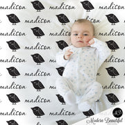 Bird baby blanket- black and white baby blanket- birds personalized baby gift- minimalist baby blanket- personalized blanket name blanket