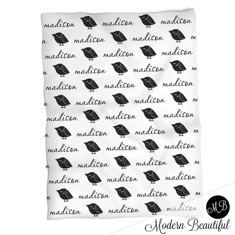 Bird baby blanket- black and white baby blanket- birds personalized baby gift- minimalist baby blanket- personalized blanket name blanket