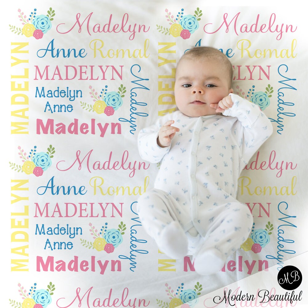 Baby girl flower name blanket, personalized newborn floral blanket, bright flower baby swaddle, baby gift with flowers, (CHOOSE COLORS)