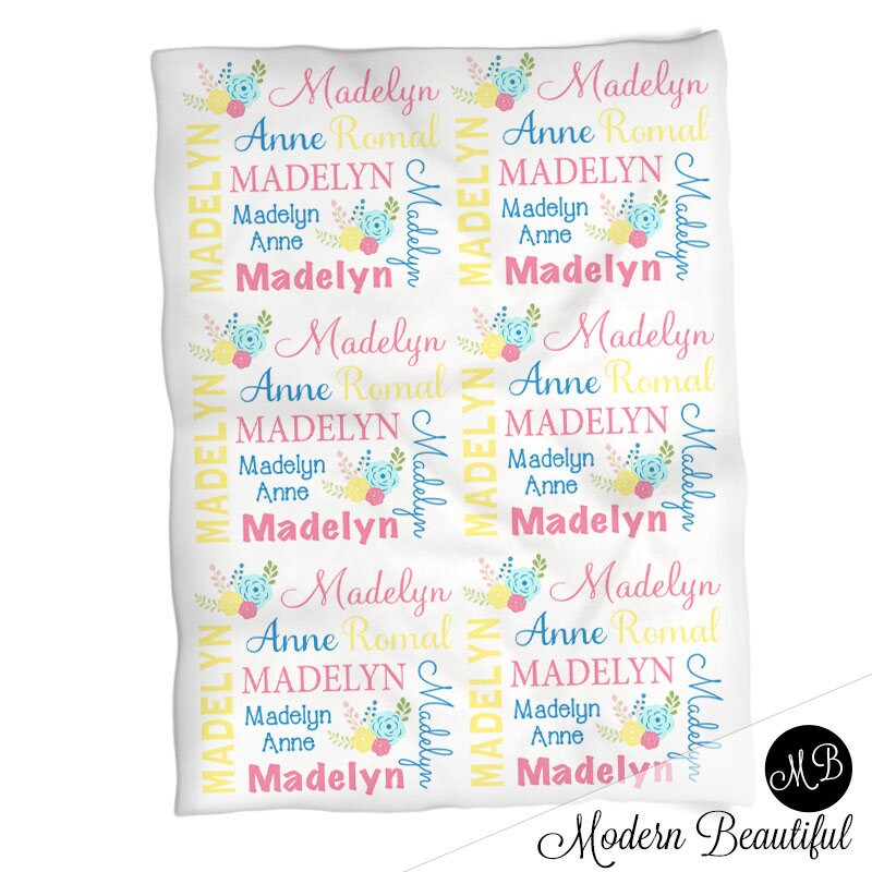 Baby girl flower name blanket, personalized newborn floral blanket, bright flower baby swaddle, baby gift with flowers, (CHOOSE COLORS)