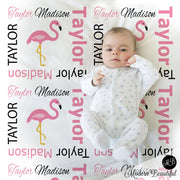 Pink flamingo baby blanket, newborn flamingo name blanket, girl personalized tropical baby gift, pink and black swaddle, (CHOOSE COLORS)