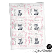 Personalized pink baby girl wolf blanket, newborn wolf blanket with name, wolves swaddle, cute wolf baby gift, girl or boys (CHOOSE COLORS)