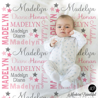 Star baby name blanket, personalized stars pink girls blanket, newborn baby swaddle blanket with stars, baby stars gift (CHOOSE COLORS)