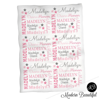 Star baby name blanket, personalized stars pink girls blanket, newborn baby swaddle blanket with stars, baby stars gift (CHOOSE COLORS)