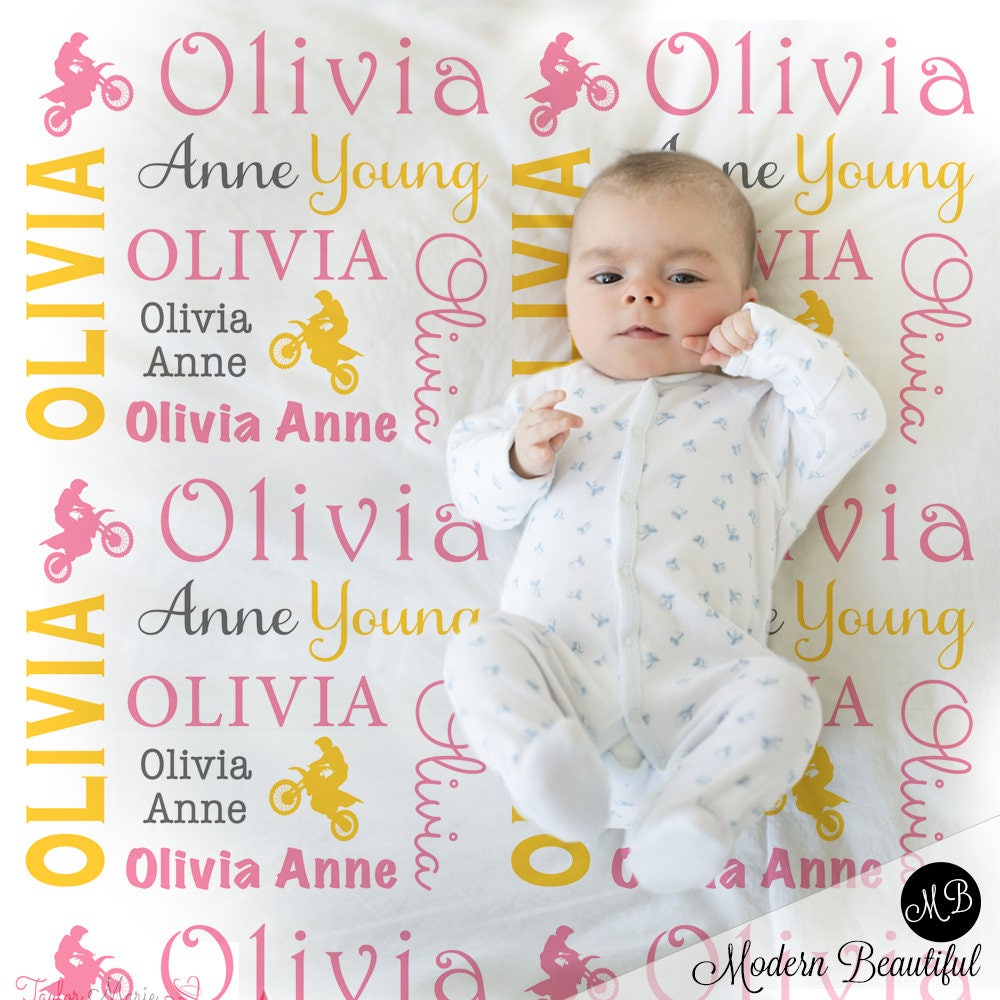 Pink motocross baby blanket, girl dirt bike swaddle blanket, motorcycle name blanket, dirt bike baby girl personalized gift, (CHOOSE COLORS)