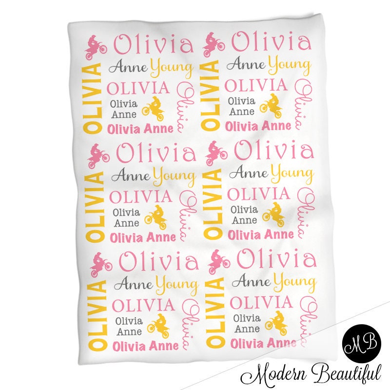 Pink motocross baby blanket, girl dirt bike swaddle blanket, motorcycle name blanket, dirt bike baby girl personalized gift, (CHOOSE COLORS)