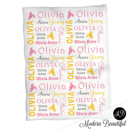 Pink motocross baby blanket, girl dirt bike swaddle blanket, motorcycle name blanket, dirt bike baby girl personalized gift, (CHOOSE COLORS)
