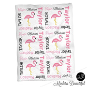 Pink flamingo baby blanket, newborn flamingo name blanket, girl personalized tropical baby gift, pink and black swaddle, (CHOOSE COLORS)