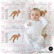 Personalized kangaroo baby blanket, newborn girl kangaroo blanket with name, pink kangaroo baby gift, pink kangaroo swaddle  (CHOOSE COLORS)