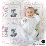 Personalized pink baby girl wolf blanket, newborn wolf blanket with name, wolves swaddle, cute wolf baby gift, girl or boys (CHOOSE COLORS)