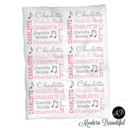 Baby girl music note blanket in pink and gray, musical personalized baby gift, musical note baby blanket, personalized blanket-choose color
