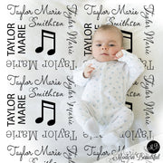 Music baby blanket, music notes, personalized baby gift, musical note baby blanket, personalized blanket, musician music gift, choose color