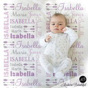 Feather Arrow Name Blanket in purple and gray for Baby Girl, personalized baby gift, baby blanket, personalized blanket, choose colors