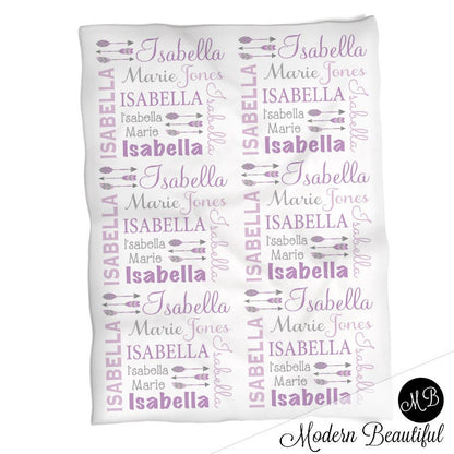 Feather Arrow Name Blanket in purple and gray for Baby Girl, personalized baby gift, baby blanket, personalized blanket, choose colors