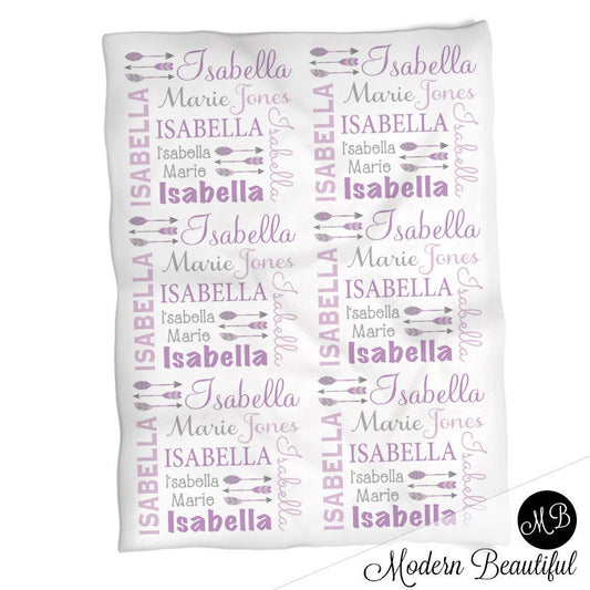 Feather Arrow Name Blanket in purple and gray for Baby Girl, personalized baby gift, baby blanket, personalized blanket, choose colors