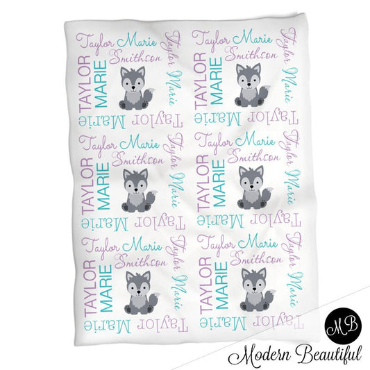 Wolf personalized baby girl blanket, newborn name blanket with wolves, purple and teal animal baby gift, wolf theme swaddle, (CHOOSE COLORS)