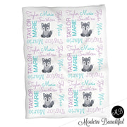 Wolf personalized baby girl blanket, newborn name blanket with wolves, purple and teal animal baby gift, wolf theme swaddle, (CHOOSE COLORS)