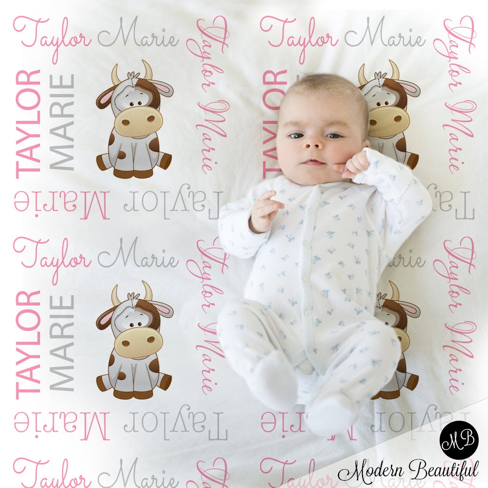 Personalized cow baby girls blanket, newborn cow swaddle blanket with name, farm cow theme baby gift (CHOOSE COLORS)